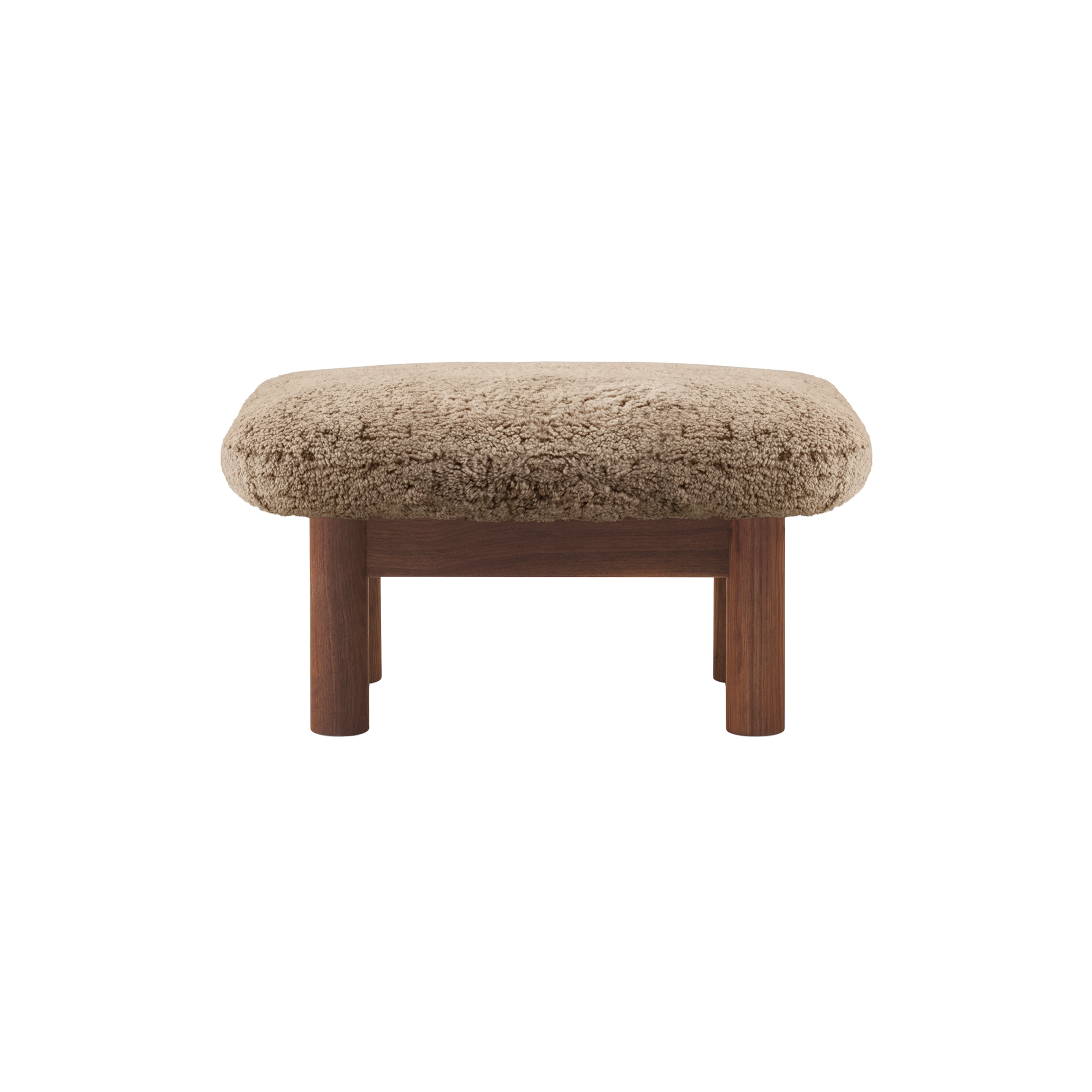 Brasília Ottoman: Upholstered + Walnut + Sheepskin Sahara