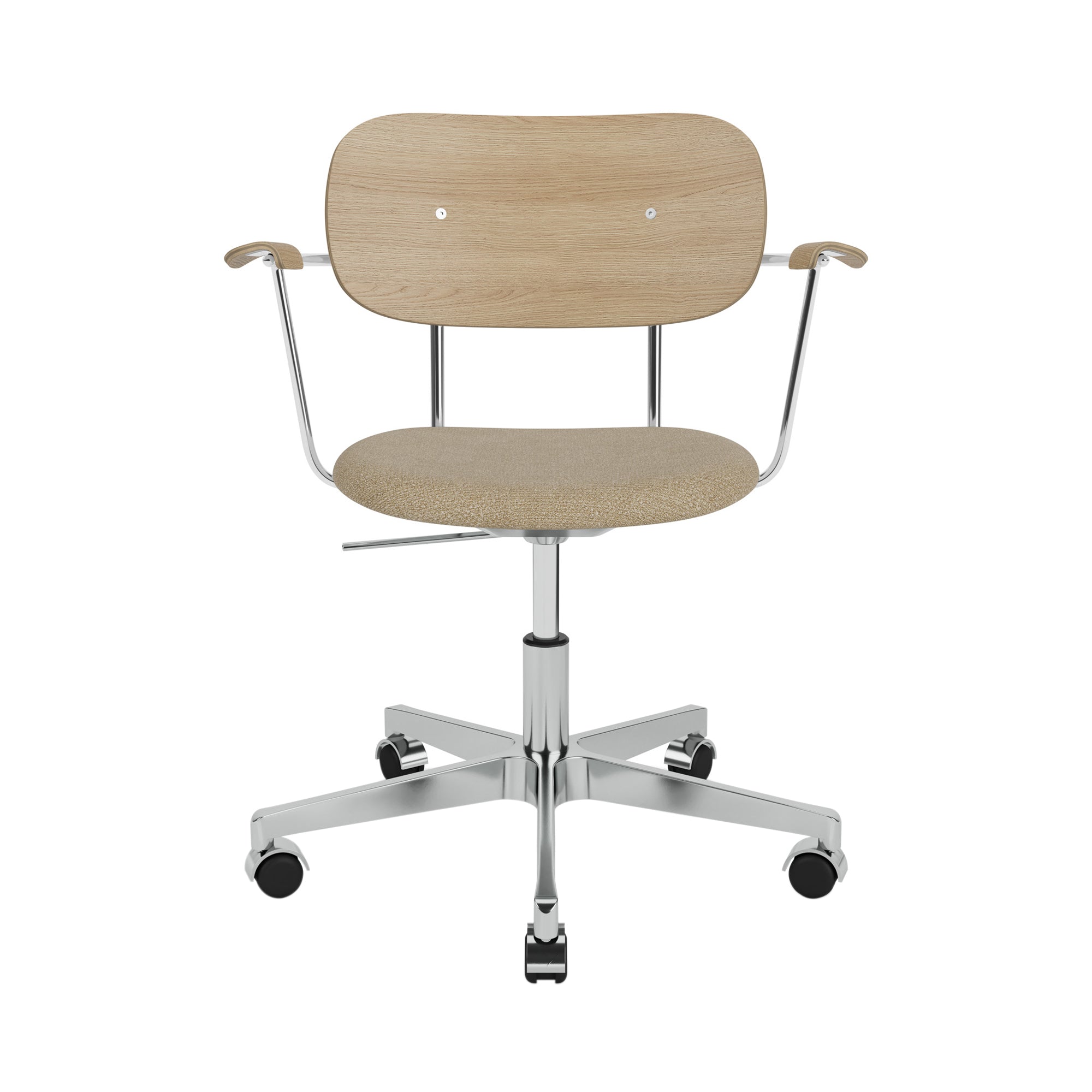 Co Task Armchair with Casters: Seat Upholstered + Polished Aluminum + Natural Oak  + Boucle 02