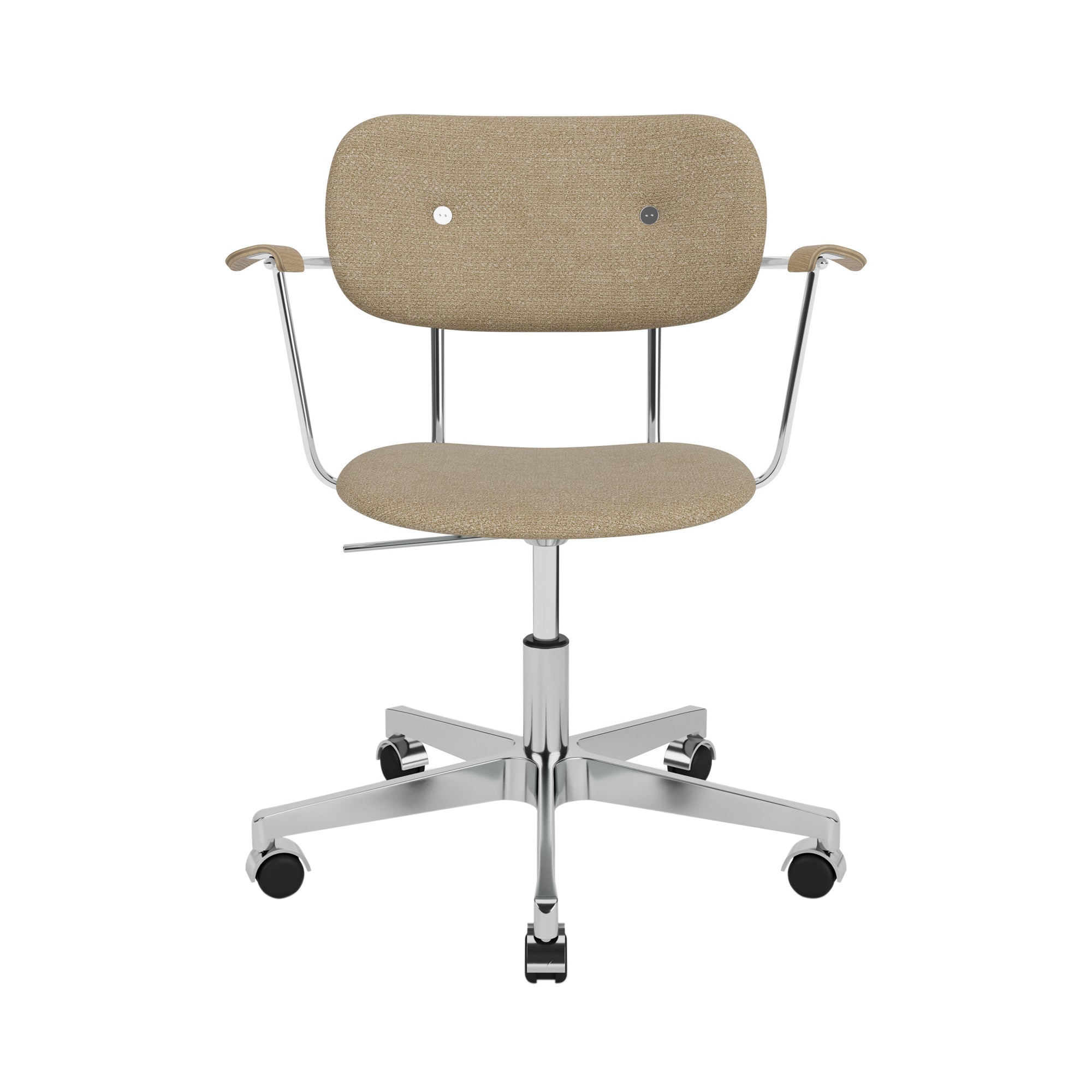 Co Task Armchair with Casters: Fully Upholstered + Polished  Aluminum + Natural Oak + Boucle 02