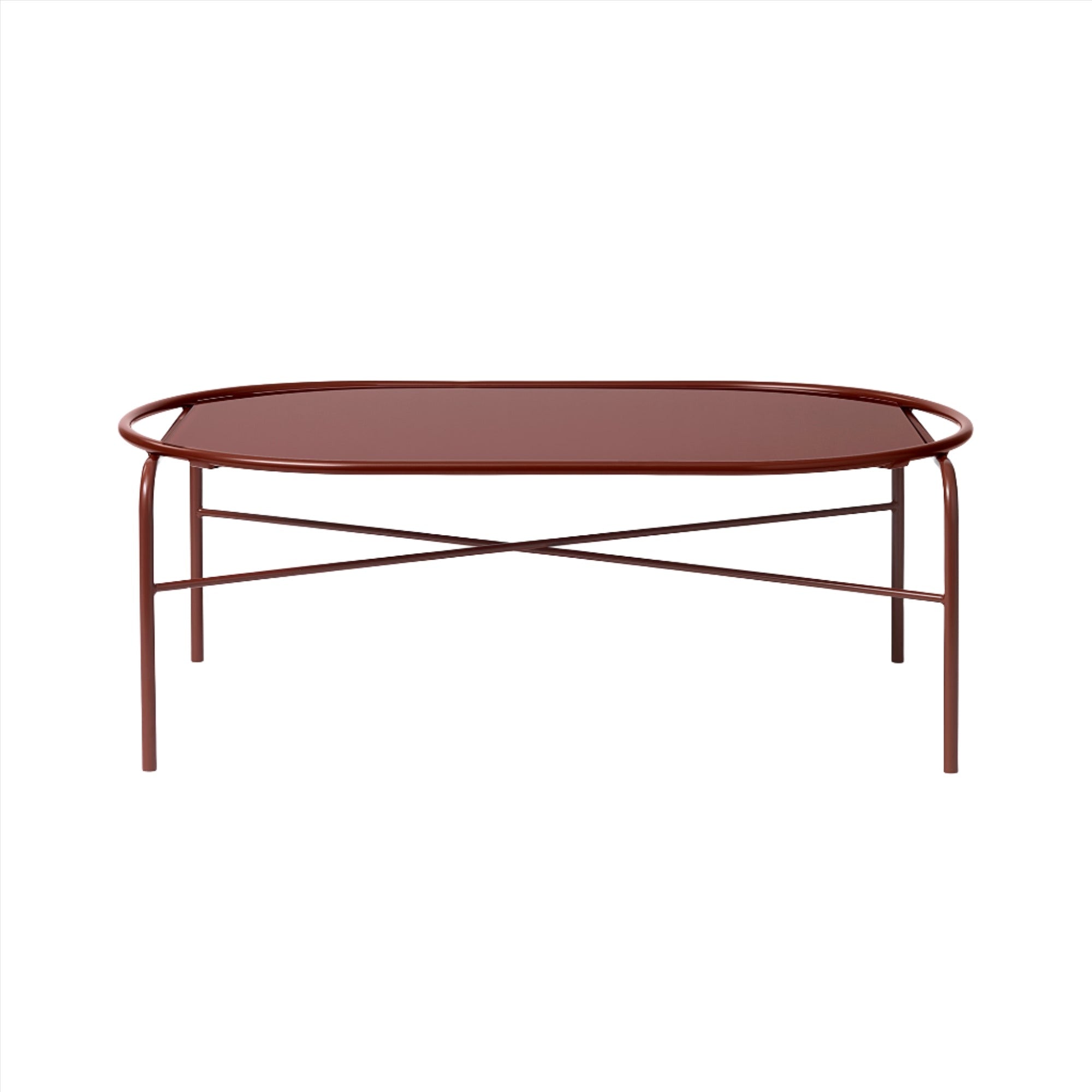 Secant Coffee Table: Oval + Oxide Red + Redish Glass
