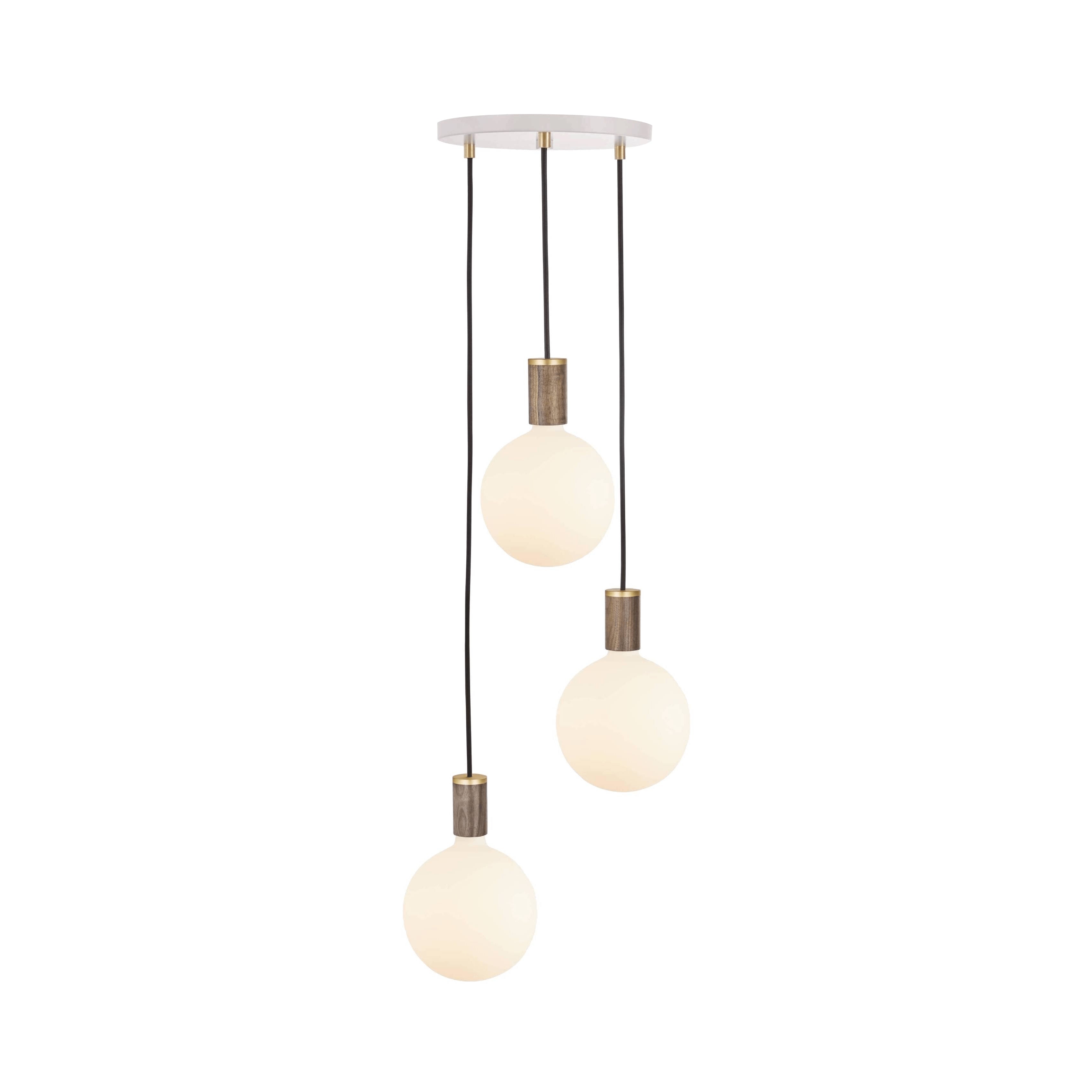 Triple Pendant with Sphere IV: White + Walnut + Brass