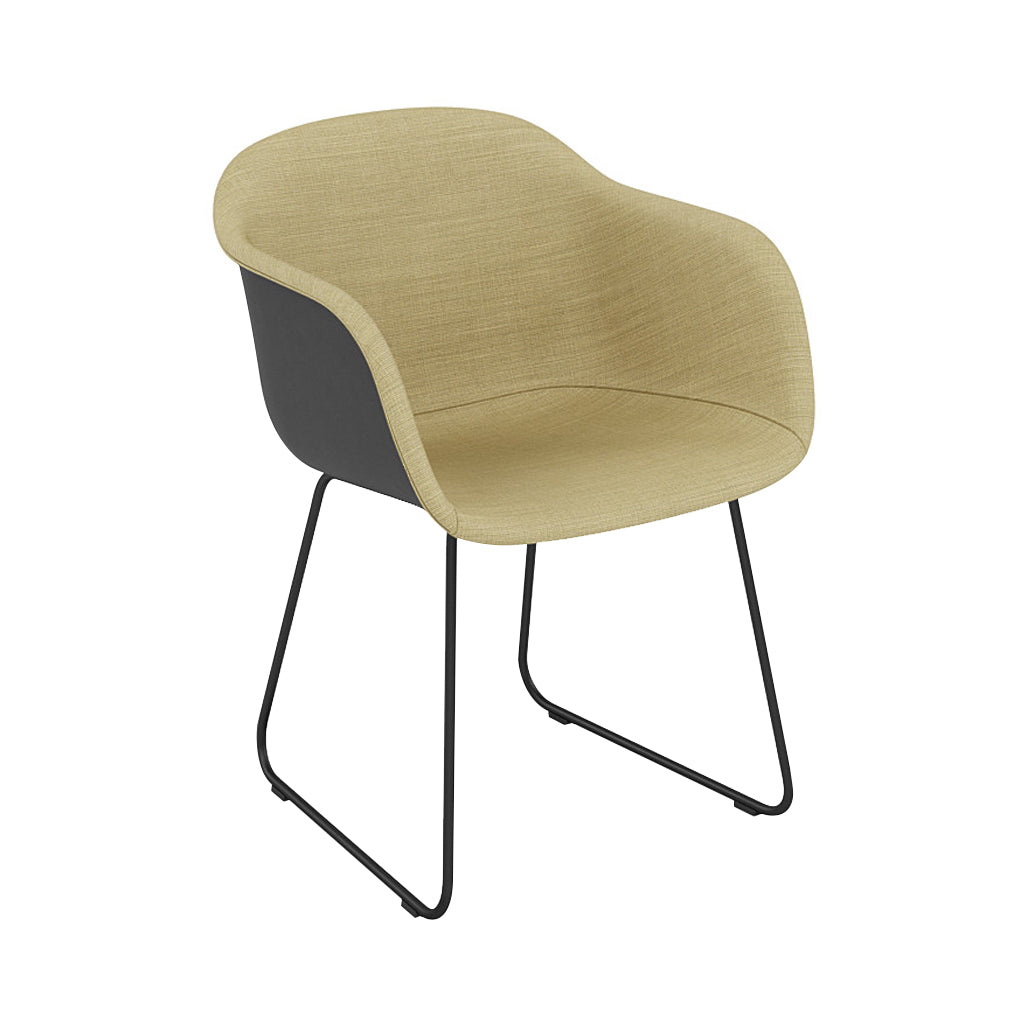 Fiber Armchair: Sled Base Front Upholstered + Recycled Shell + Black + Anthracite Black 