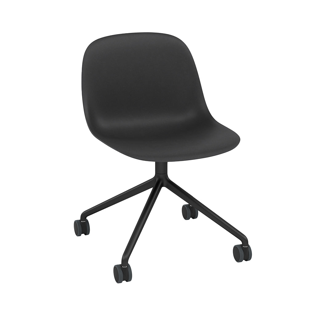 Fiber Side Chair: Swivel Base with Castors + Recycled Shell + Anthracite Black + Black + Black