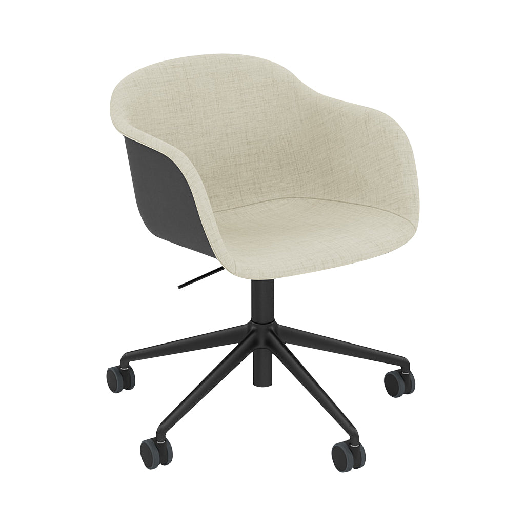 Fiber Armchair Swivel Base with Castors + Gaslift: Front Upholstered + Recycled Shell + Anthracite Black + Black + Black 