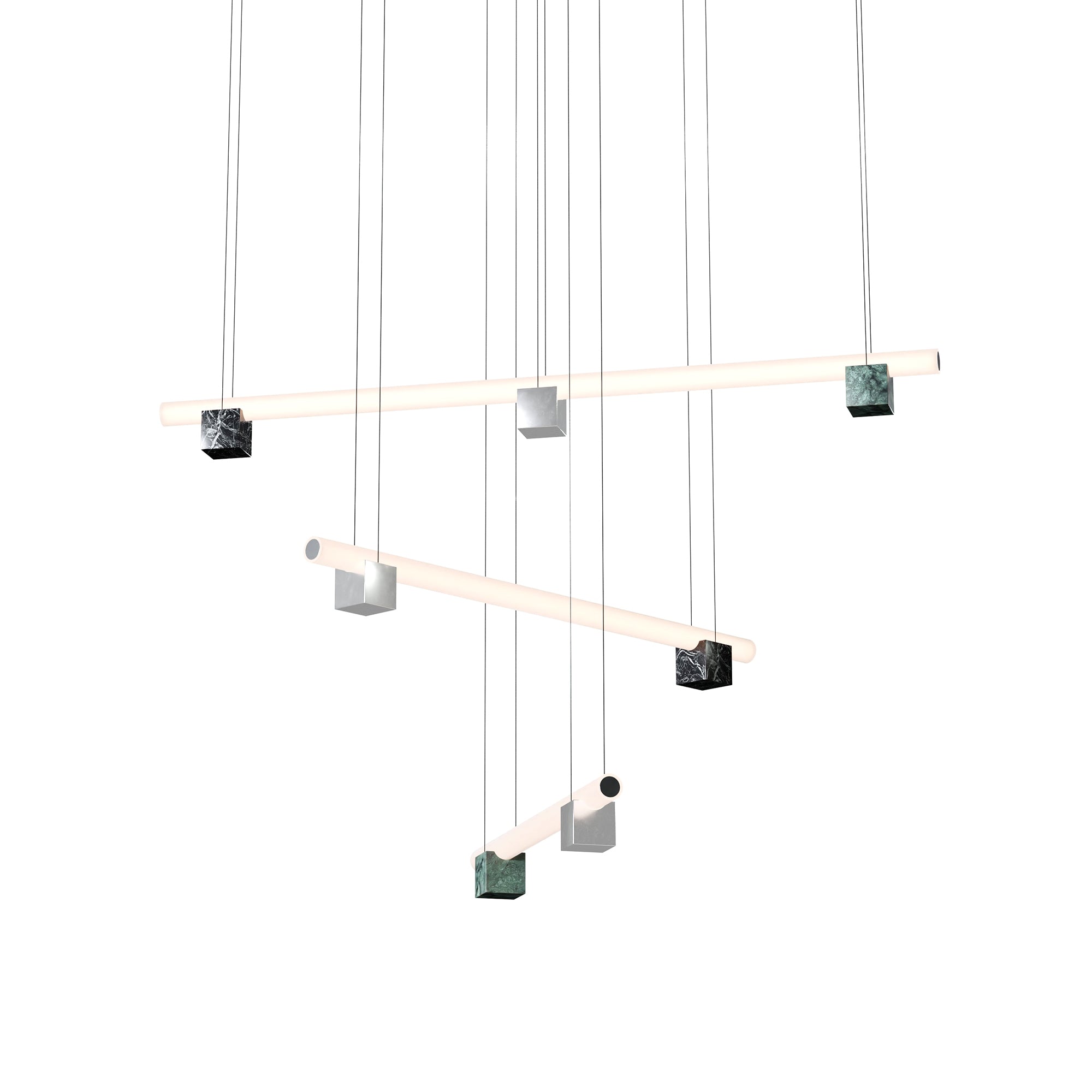 Isle 13 Suspension Lamp: Polished Aluminum + Black Marquina + Guatemala Green Marble