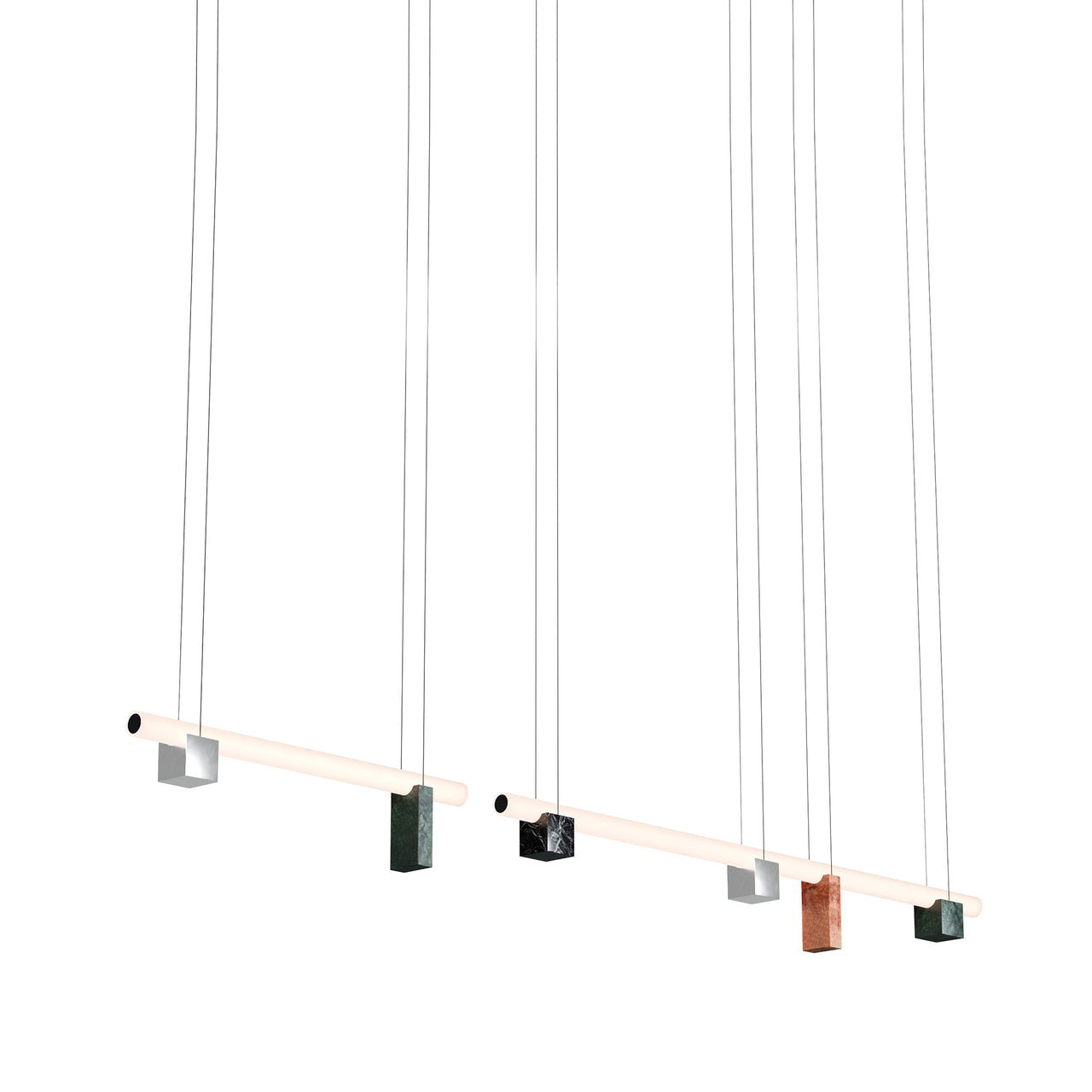 Isle 15 Suspension Lamp: Polished Aluminum + Black Marquina + Guatemala Green + Red Negrais Marble