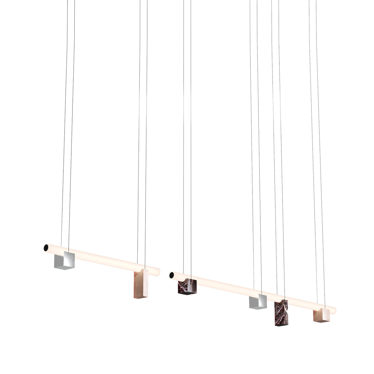 Isle 15 Suspension Lamp: Polished Aluminum + Pink Portugal + Red Levanto Marble