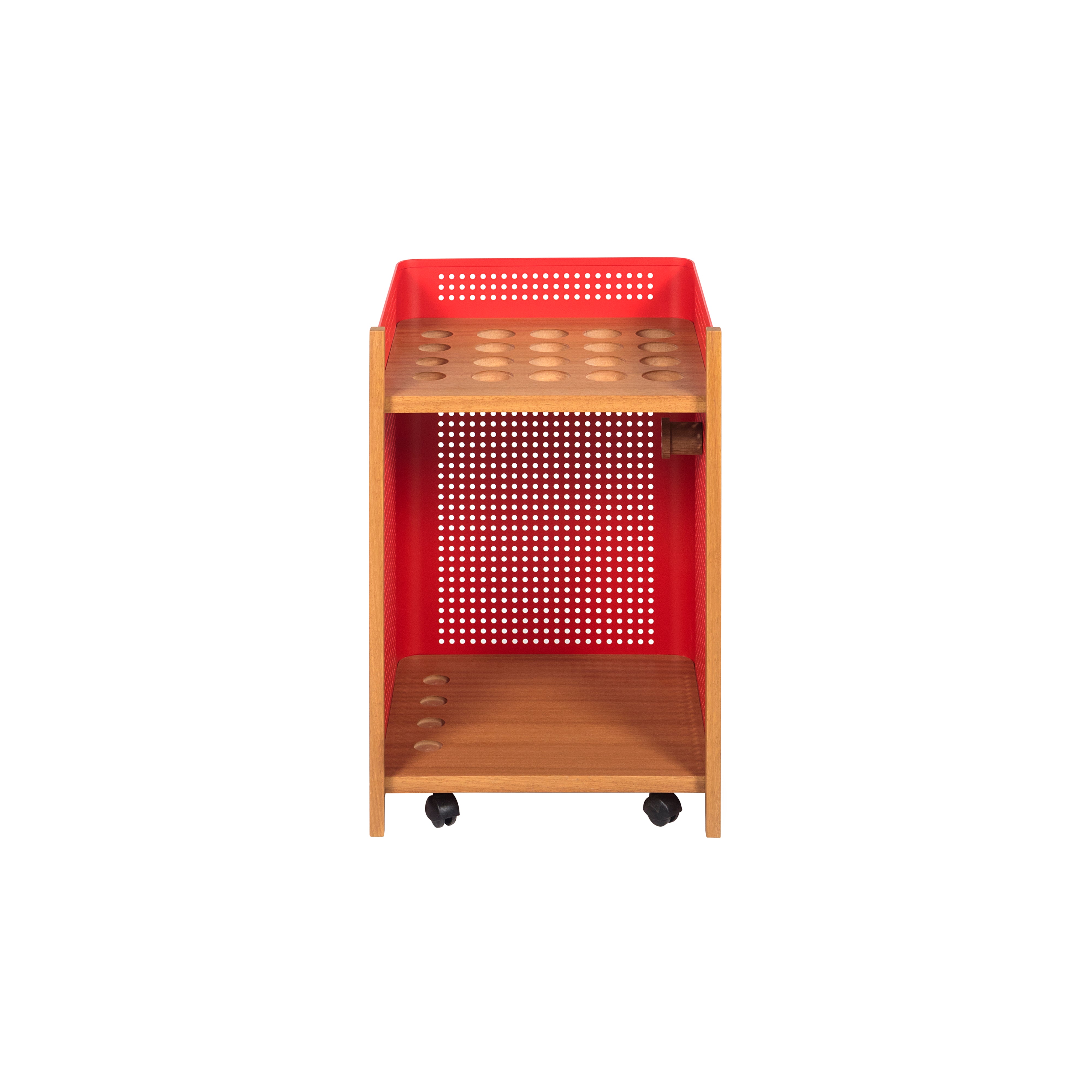 Mou Floor Cue Rack: Iroko + Red