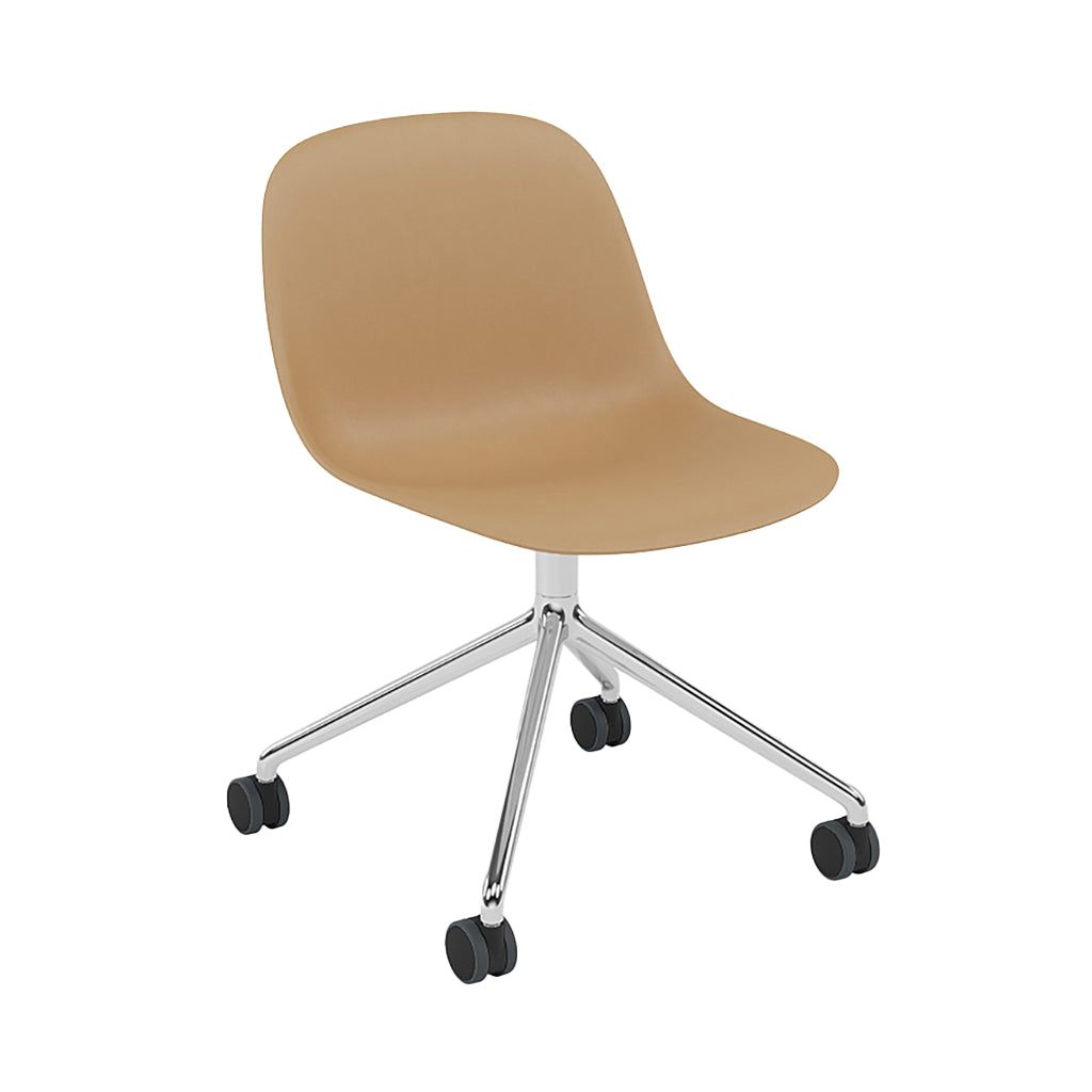 Fiber Side Chair: Swivel Base with Castors + Recycled Shell + Polished Aluminum + Black + Ochre