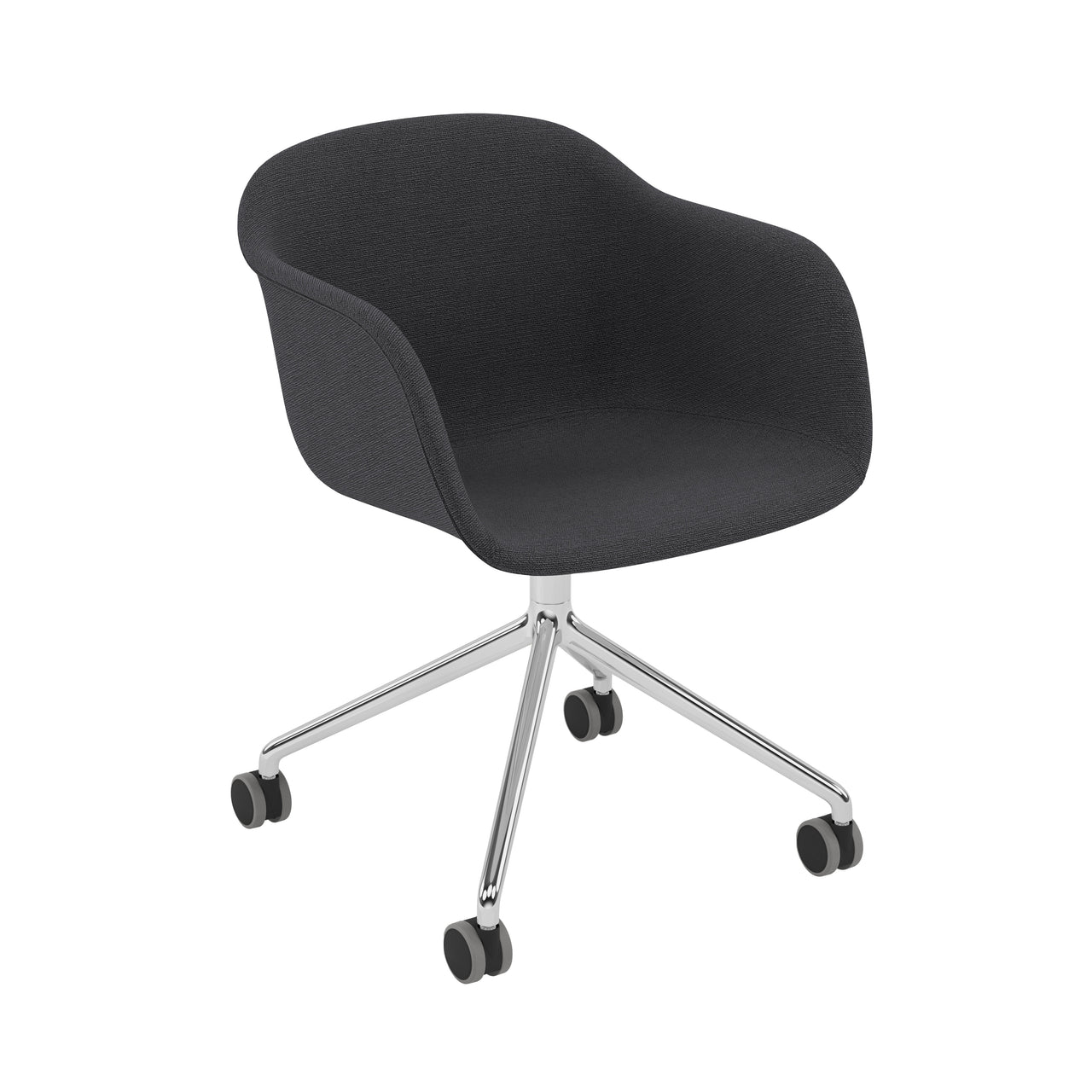 Fiber Armchair: Swivel Base with Castors + Recycled Shell + Upholstered + Polished Aluminum + Black