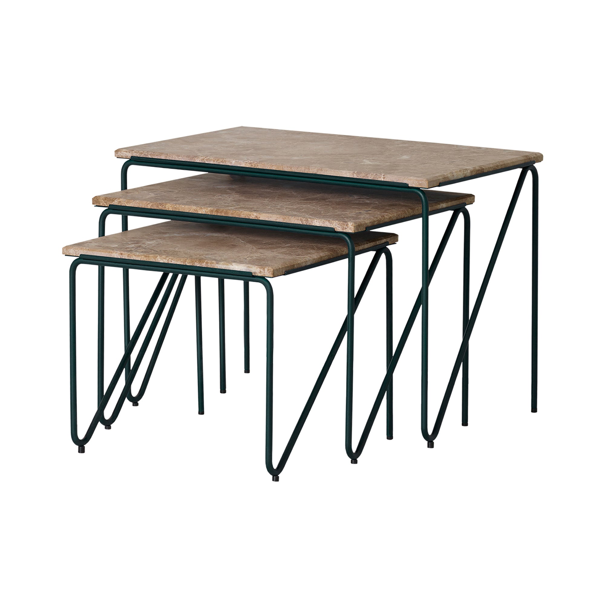 Triptych Nesting Tables: Set of 3 + Monaco Brown Limestone + Cedar Green