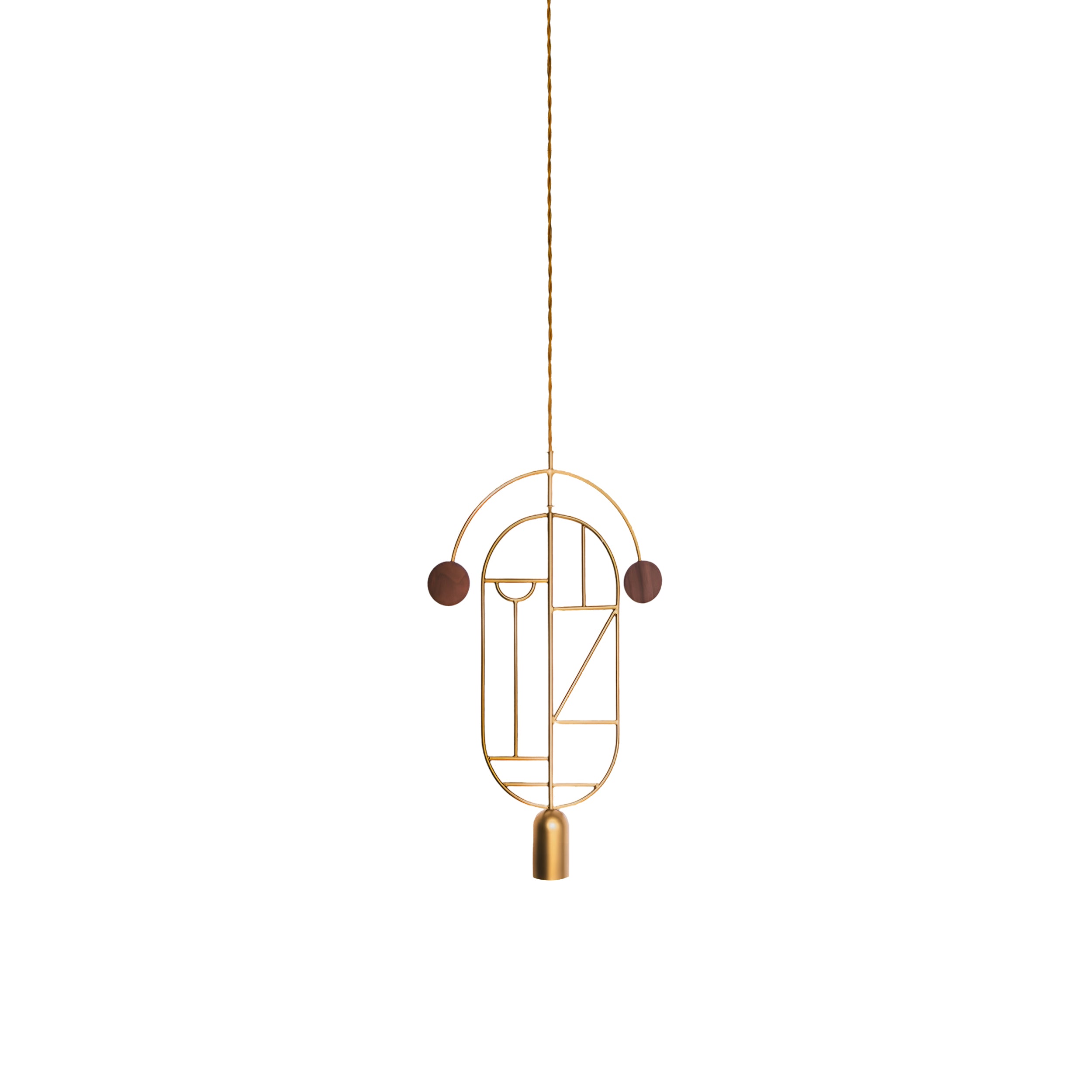 Wooden Dots Suspension Lamp with Stem: Vertical Oval + Gold + 1 Curled Stem + Gold + Brass + Walnut