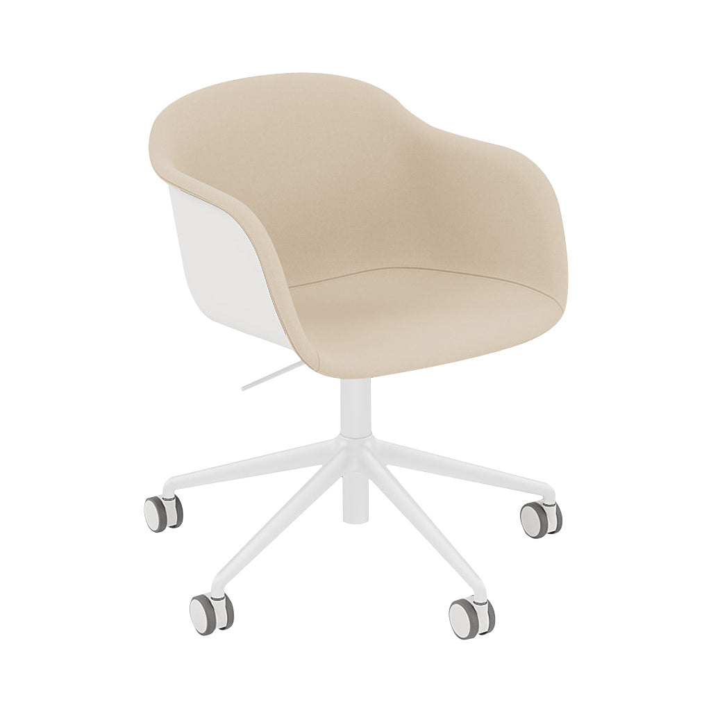 Fiber Armchair Swivel Base with Castors + Gaslift: Front Upholstered + Recycled Shell + White + Natural White