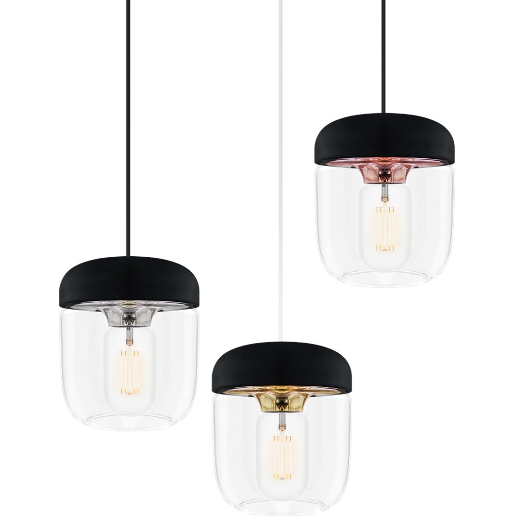 Acorn Pendant: Black + Polished Steel + Black (Plug-in) + Black + Polished Brass + White (Plug-in) + Black + Polished Copper + Black (Plug-in)